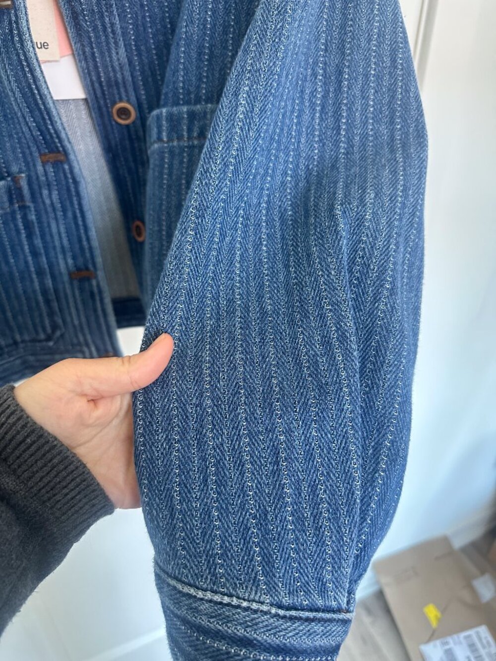 Fabrique Striped Washed Blue Pocket Jacket in Herringbone Denim | Size Small - Picture 7 of 11